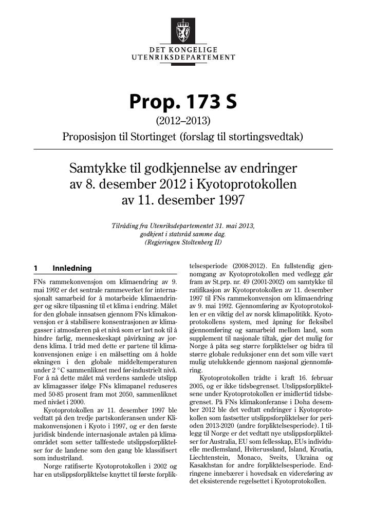 Forsiden av dokumentet Prop. 173 S (2012–2013)