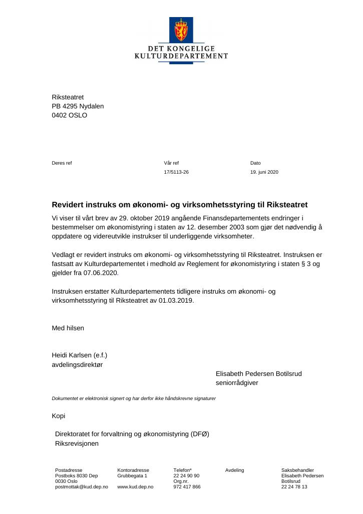 Forsiden av dokumentet Kulturdepartementets reviderte instruks om økonomi- og virksomhetsstyring til Riksteatret (fastsatt 7. juni 2020) (.pdf)