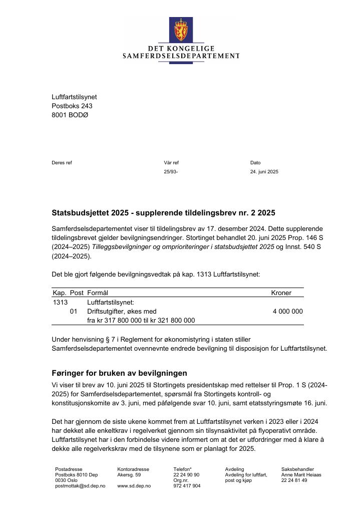 Forsiden av dokumentet Tildelingsbrev Luftfartstilsynet 2025 - tillegg nr. 2