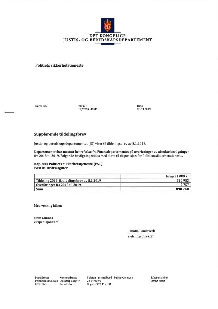 Forsiden av dokumentet Supplerende tildelingsbrev nr. 1 Politiets sikkerhetstjeneste 2019