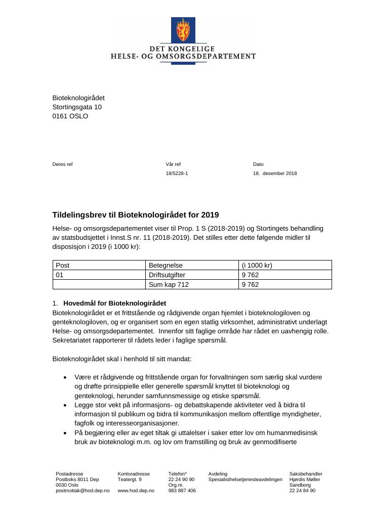 Forsiden av dokumentet Tildelingsbrev Bioteknologirådet 2019