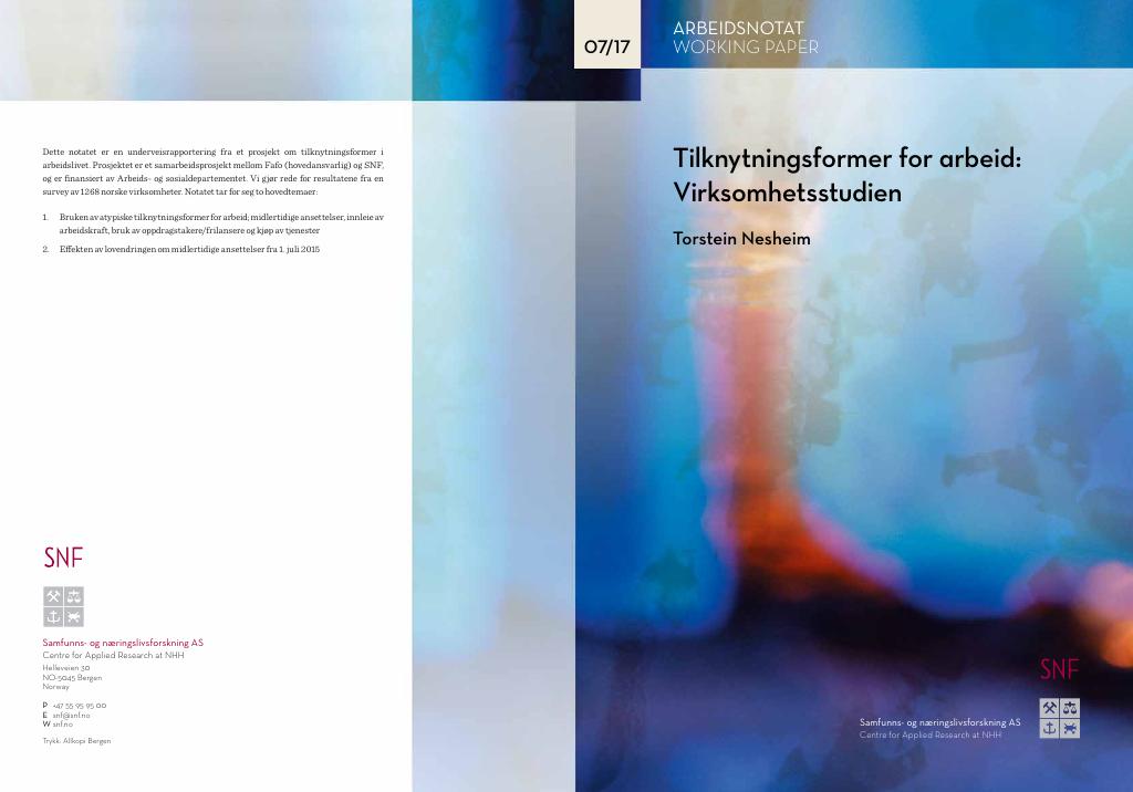 Forsiden av dokumentet Tilknytningsformer for arbeid: Virksomhetsstudien