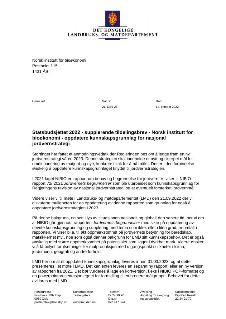 Forsiden av dokumentet Tildelingsbrev Norsk institutt for bioøkonomi - NIBIO 2022 - tillegg nr. 14