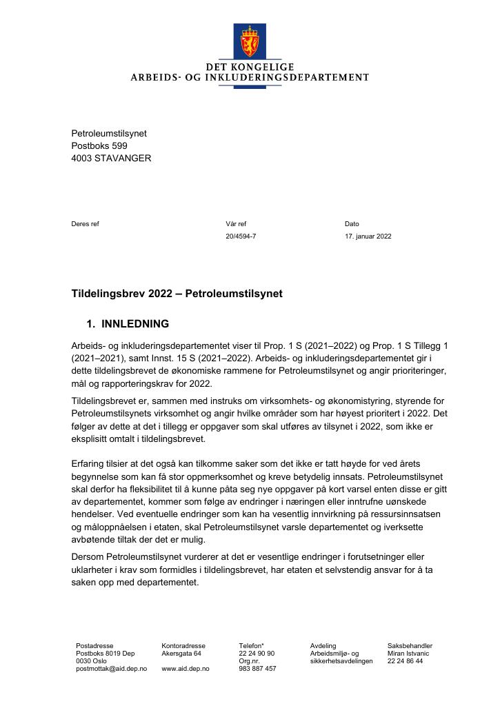 Forsiden av dokumentet Tildelingsbrev Petroleumtilsynet 2022