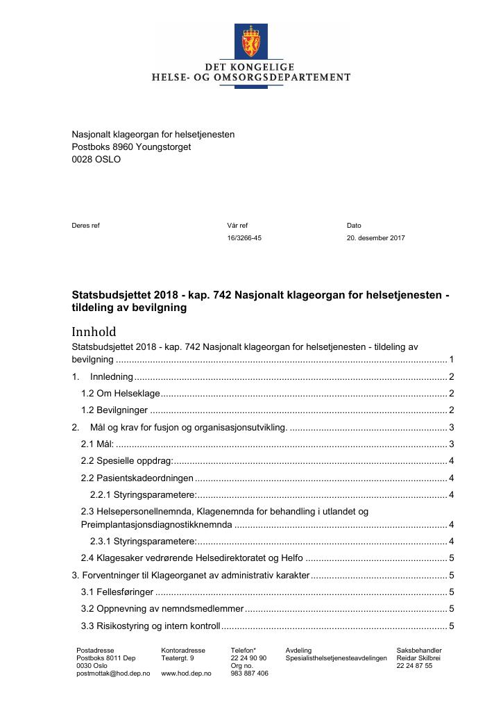 Forsiden av dokumentet Tildelingsbrev Nasjonalt klageorgan for helsetjenesten 2018