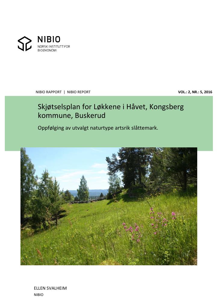 Forsiden av dokumentet Skjøtselsplan for Løkkene i Håvet, Kongsberg kommune, Buskerud. Oppfølging av utvalgt naturtype artsrik slåttemark