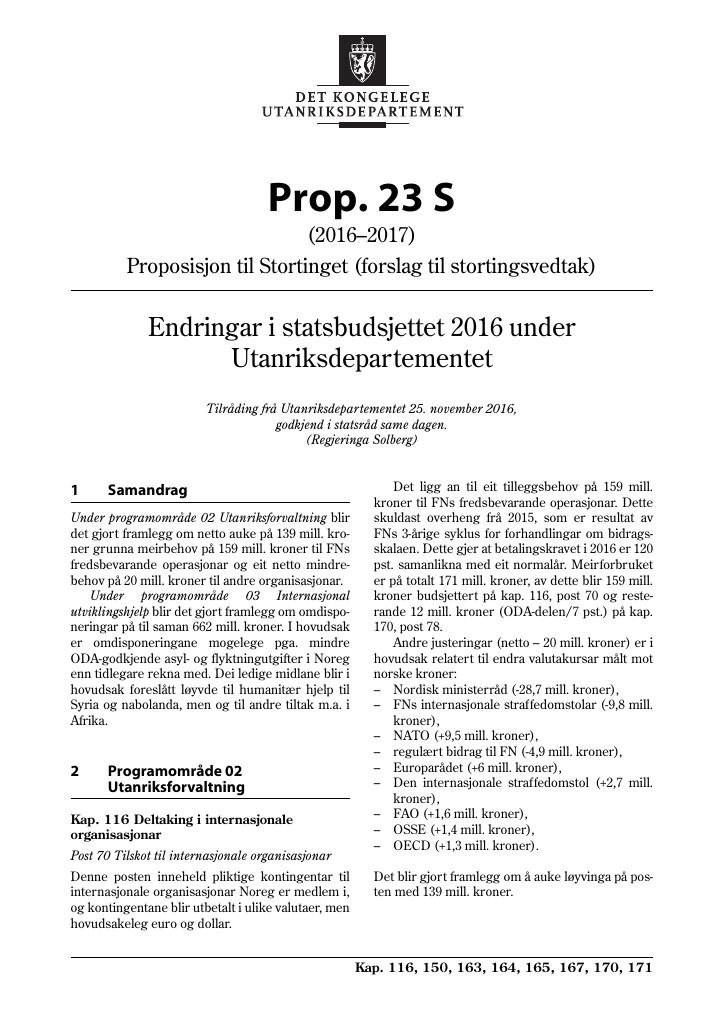 Forsiden av dokumentet Prop. 23 S (2016–2017)