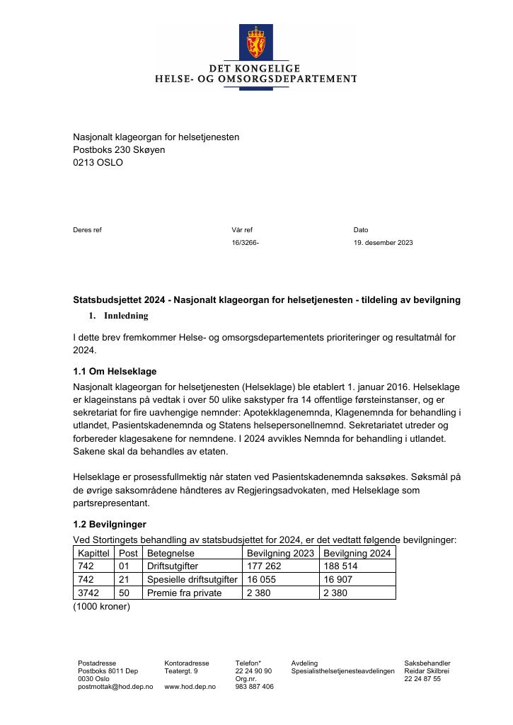 Forsiden av dokumentet Tildelingsbrev 2024