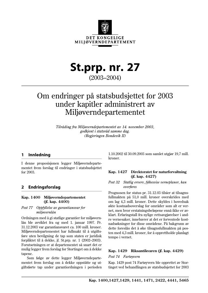 Forsiden av dokumentet St.prp. nr. 27 (2003-2004)