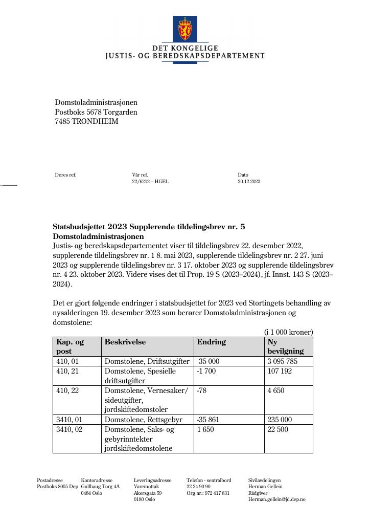 Forsiden av dokumentet Tildelingsbrev Domstoladministrasjonen 2023 - tillegg nr. 5