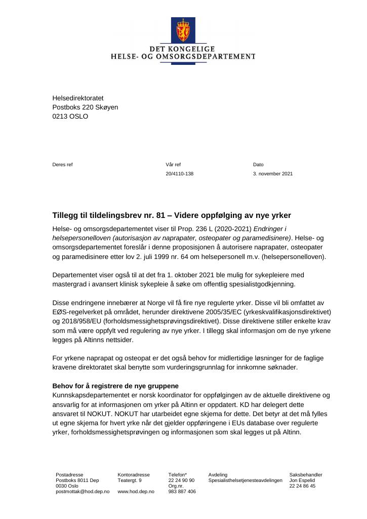 Forsiden av dokumentet Tildelingsbrev Helsedirektoratet 2021 - tillegg nr. 81