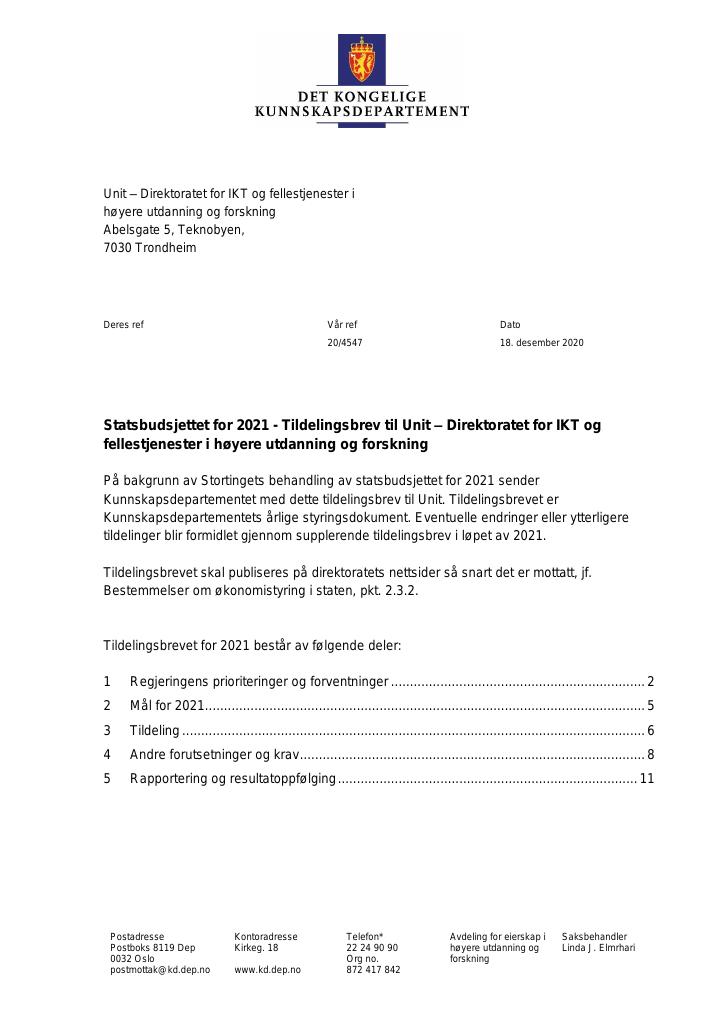 Forsiden av dokumentet Tildelingsbrev Unit 2021