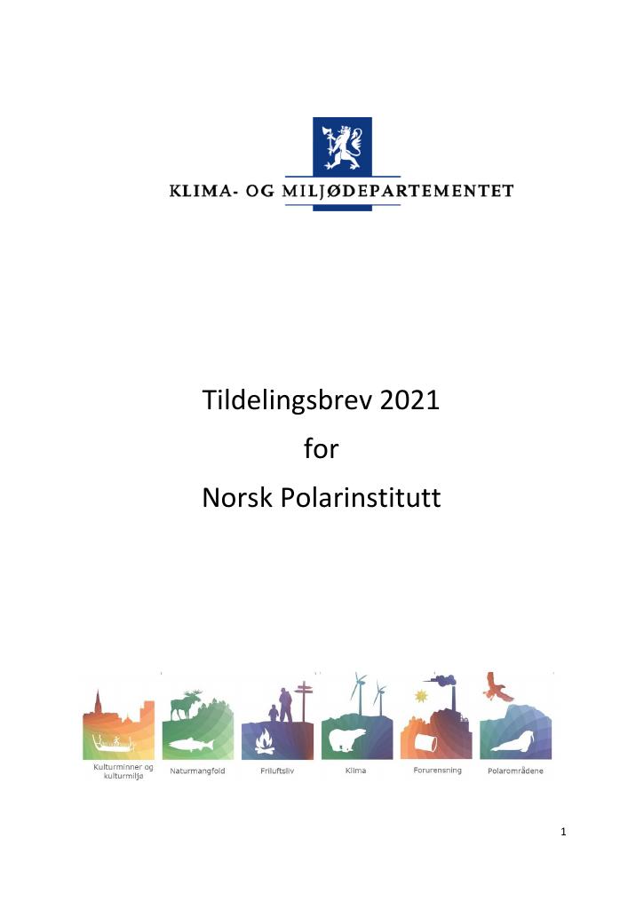 Forsiden av dokumentet Tildelingsbrev Norsk polarinstitutt 2021