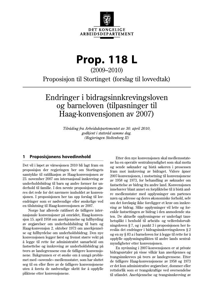 Forsiden av dokumentet Prop. 118 L (2009-2010)