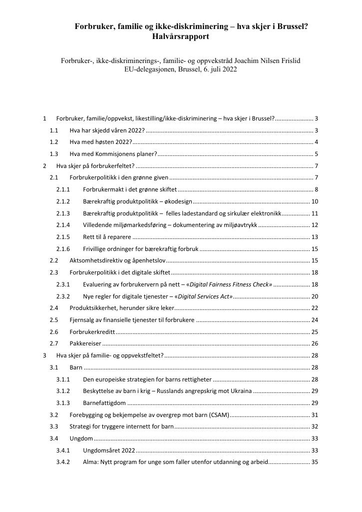 Forsiden av dokumentet Forbruker, familie og ikke-diskriminering – hva skjer i Brussel? Halvårsrapport