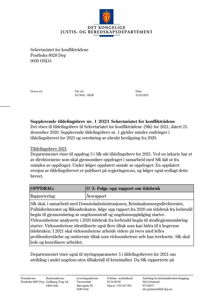 Forsiden av dokumentet Tildelingsbrev Sekretariatet for konfliktrådene 2021 - tillegg nr. 1