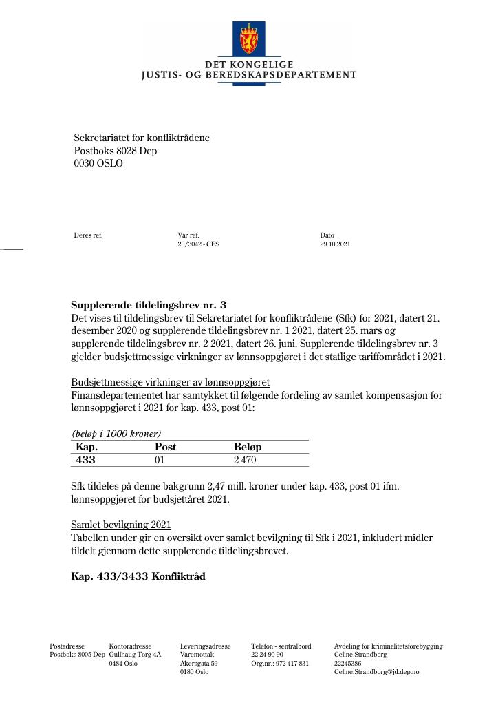 Forsiden av dokumentet Tildelingsbrev Sekretariatet for konfliktrådene 2021 - tillegg nr. 3