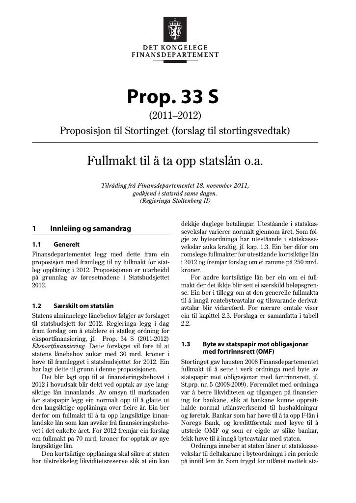 Forsiden av dokumentet Prop. 33 S  (2011–2012)