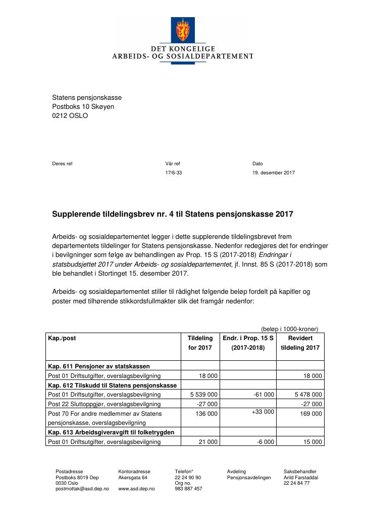 Forsiden av dokumentet Tildelingsbrev Statens pensjonskasse 2017 - tillegg nr. 4