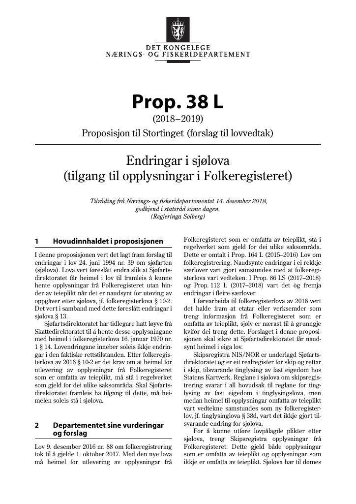 Forsiden av dokumentet Prop. 38 L (2018–2019)