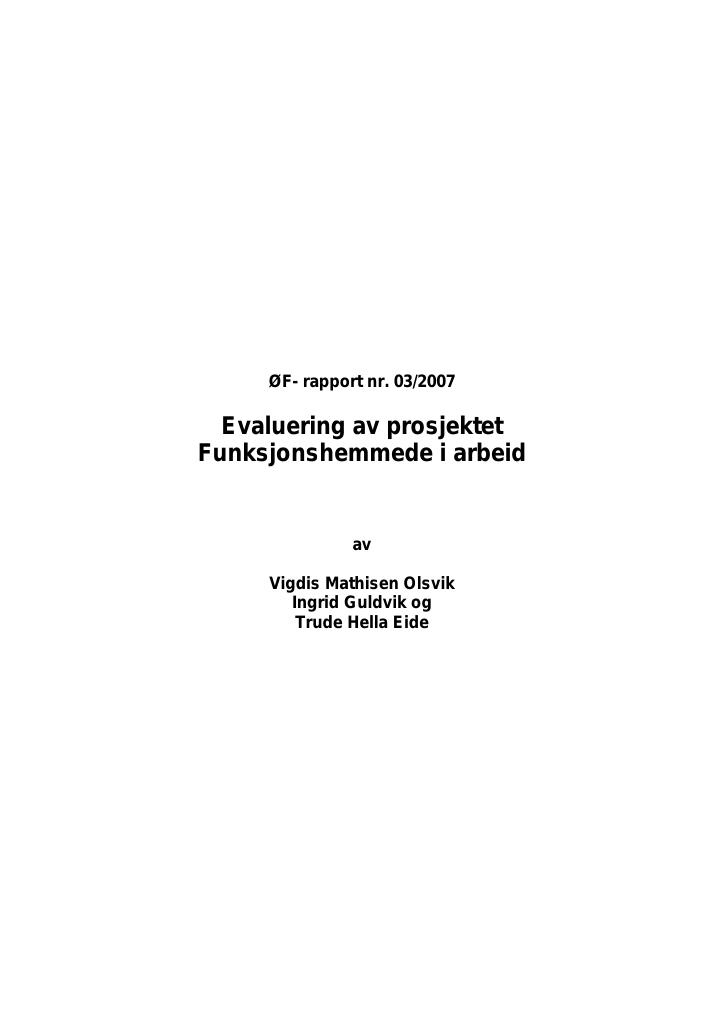 Forsiden av dokumentet Evaluering av prosjektet Funksjonshemmede i arbeid