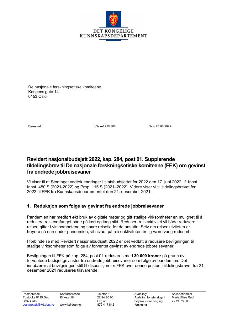 Forsiden av dokumentet Tildelingsbrev De nasjonale forskningsetiske komiteene 2022 - tillegg