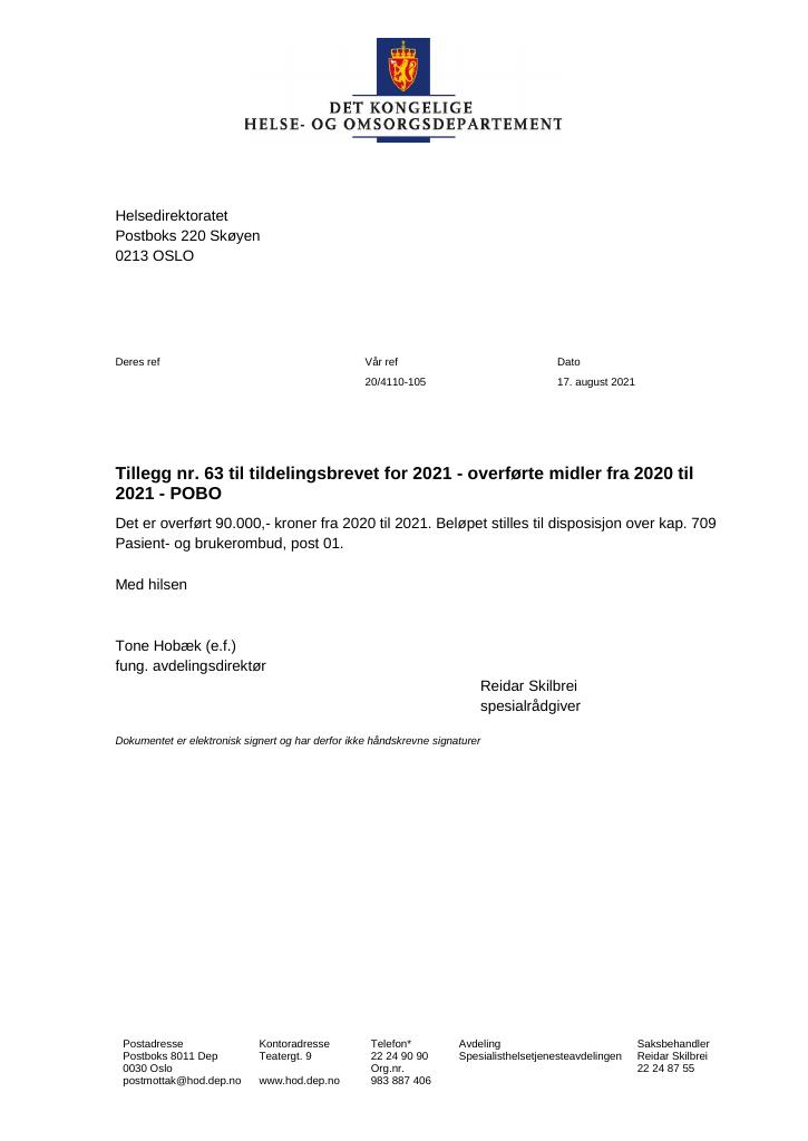 Forsiden av dokumentet Tildelingsbrev Helsedirektoratet 2021 - tillegg nr. 63