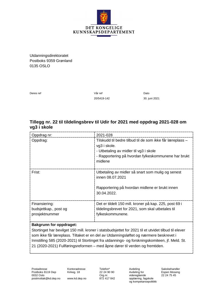 Tillegg Nr. 22 Til Tildelingsbrev Til Udir For 2021 Med Oppdrag 2021 ...