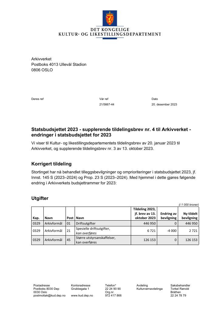 Forsiden av dokumentet Tildelingsbrev Arkivverket 2023 - tillegg nr. 4