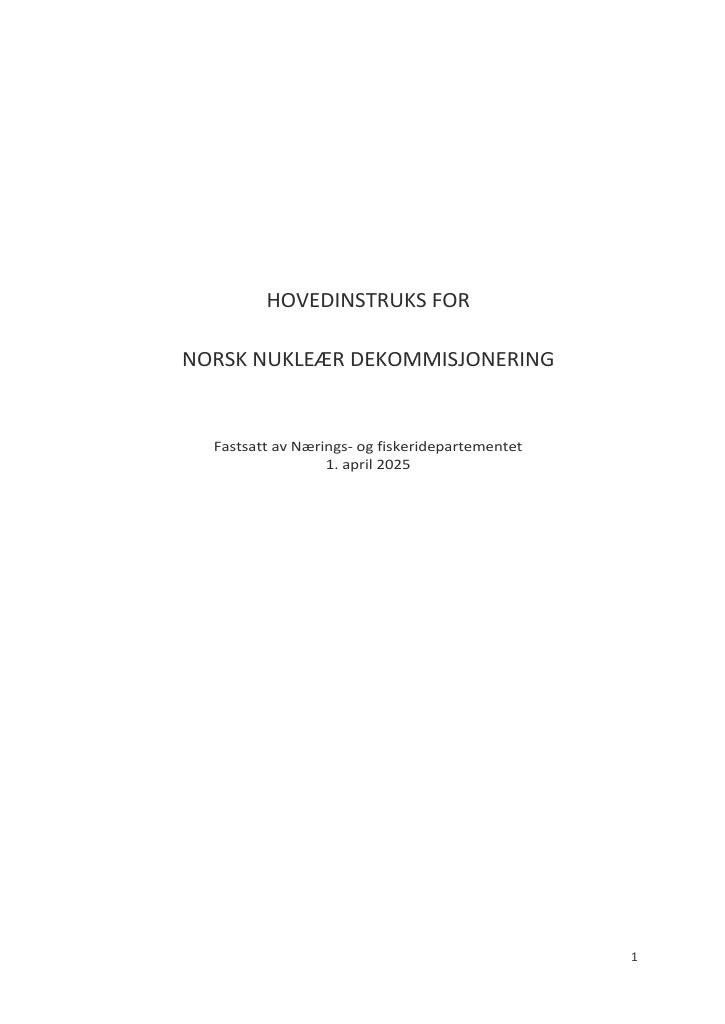 Forsiden av dokumentet Hovedinstruks for Norsk Nukleær Dekommisjonering