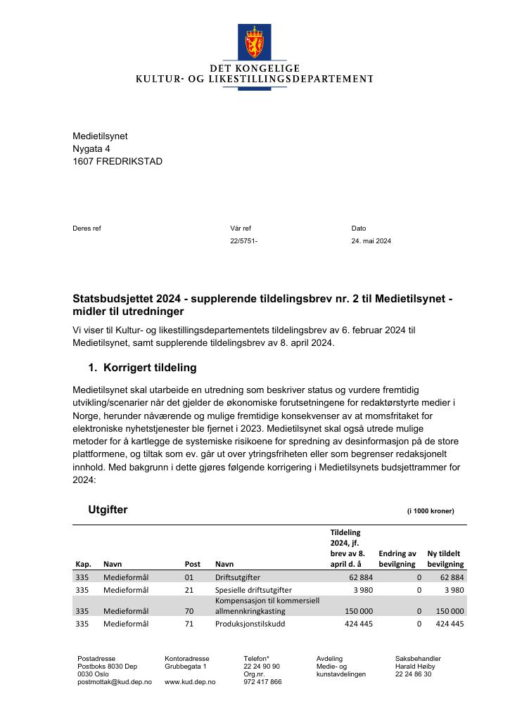 Forsiden av dokumentet Tildelingsbrev Medietilsynet 2024 - tillegg nr. 2