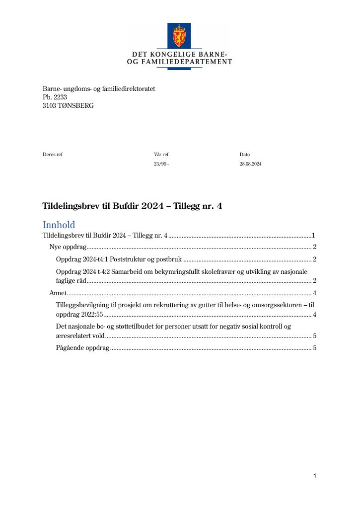 Forsiden av dokumentet Tildelingsbrev Barne-, ungdoms- og familiedirektoratet (Bufdir) 2024 - tillegg nr. 4