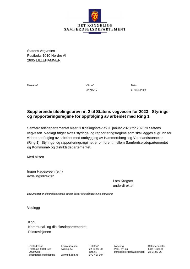 Forsiden av dokumentet Tildelingsbrev Statens vegvesen 2023 - tillegg nr. 2
