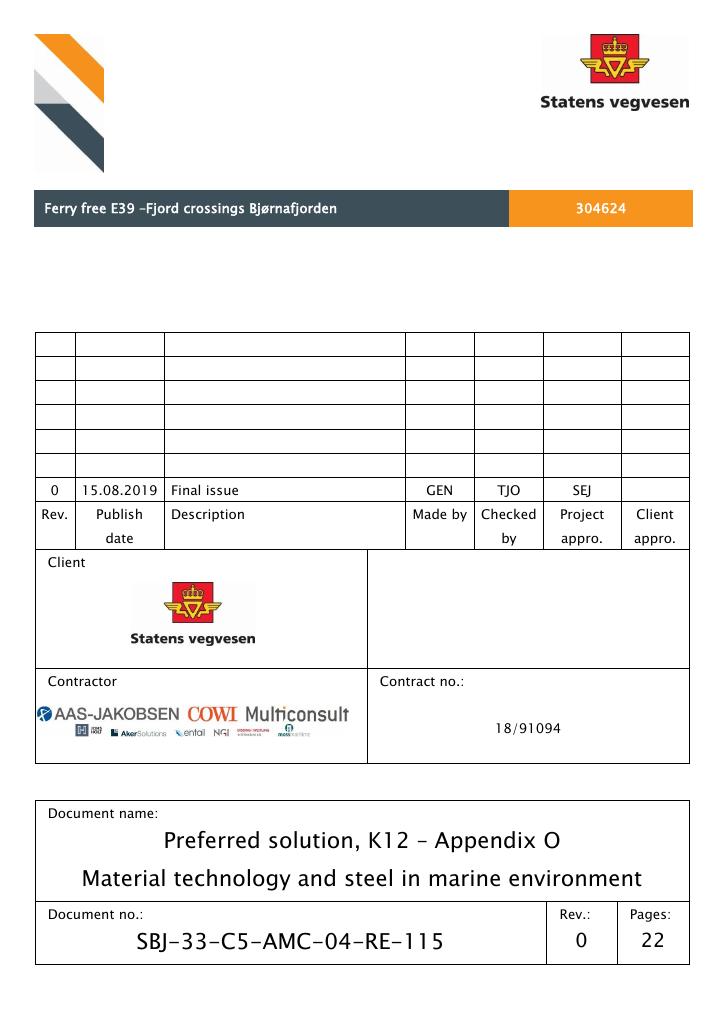 Forsiden av dokumentet Preferred solution, K12 – Appendix O Material technology and steel in marine environment