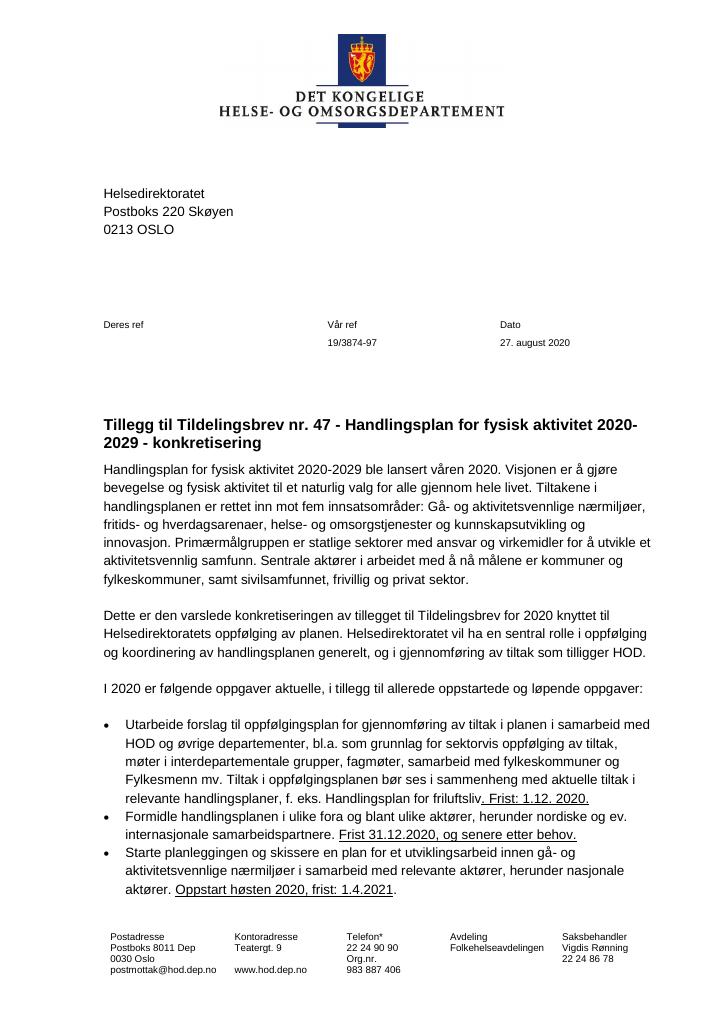 Forsiden av dokumentet Tildelingsbrev Helsedirektoratet 2020 - tillegg nr. 47