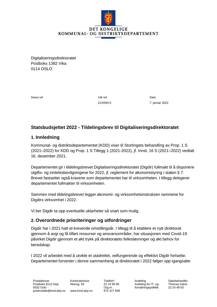 Forsiden av dokumentet Tildelingsbrev Digitaliseringsdirektoratet 2022