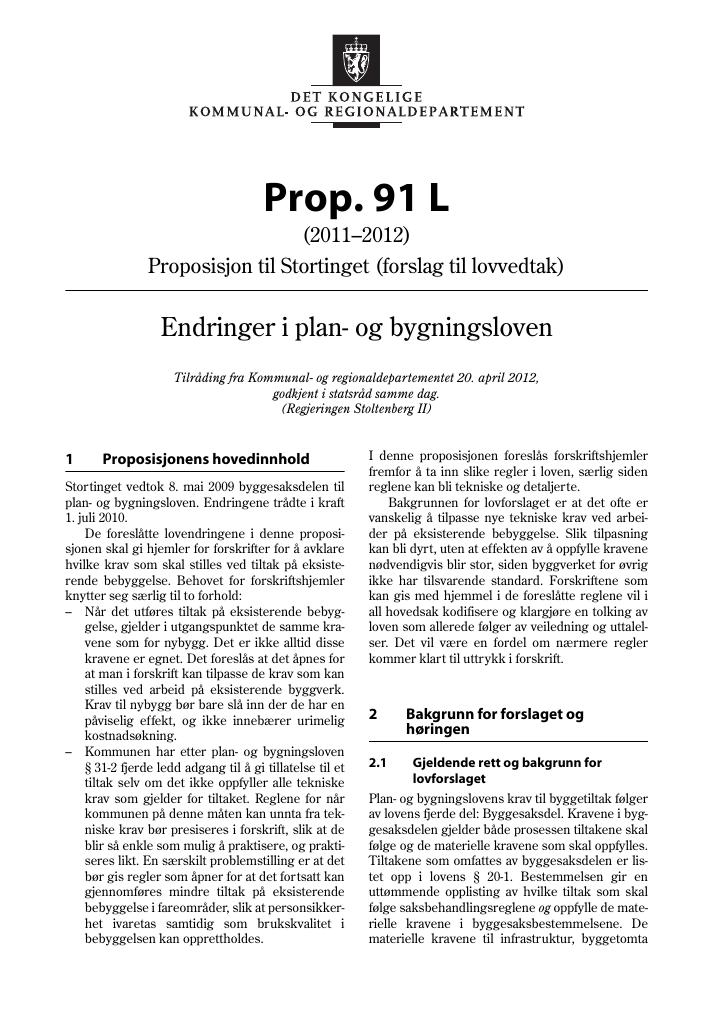 Forsiden av dokumentet Prop. 91 L (2011–2012)