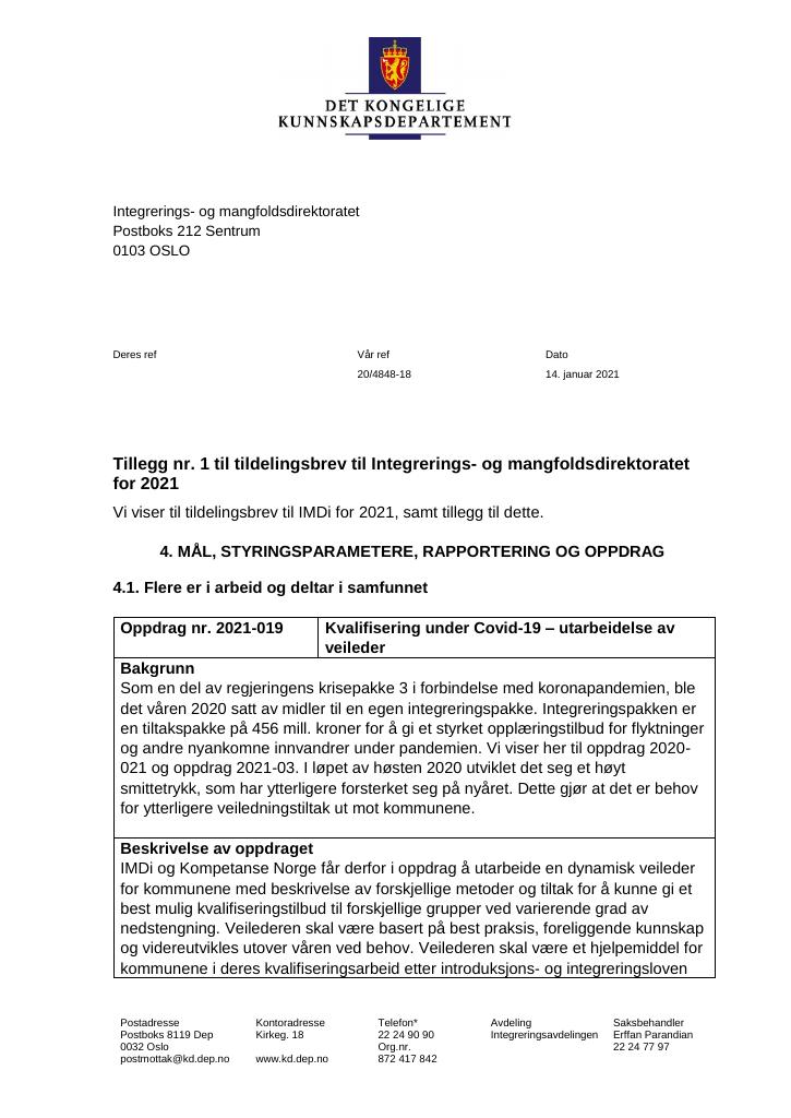 Forsiden av dokumentet Tillegg nr. 1 til tildelingsbrev til Integrerings- og mangfoldsdirektoratet for 2021