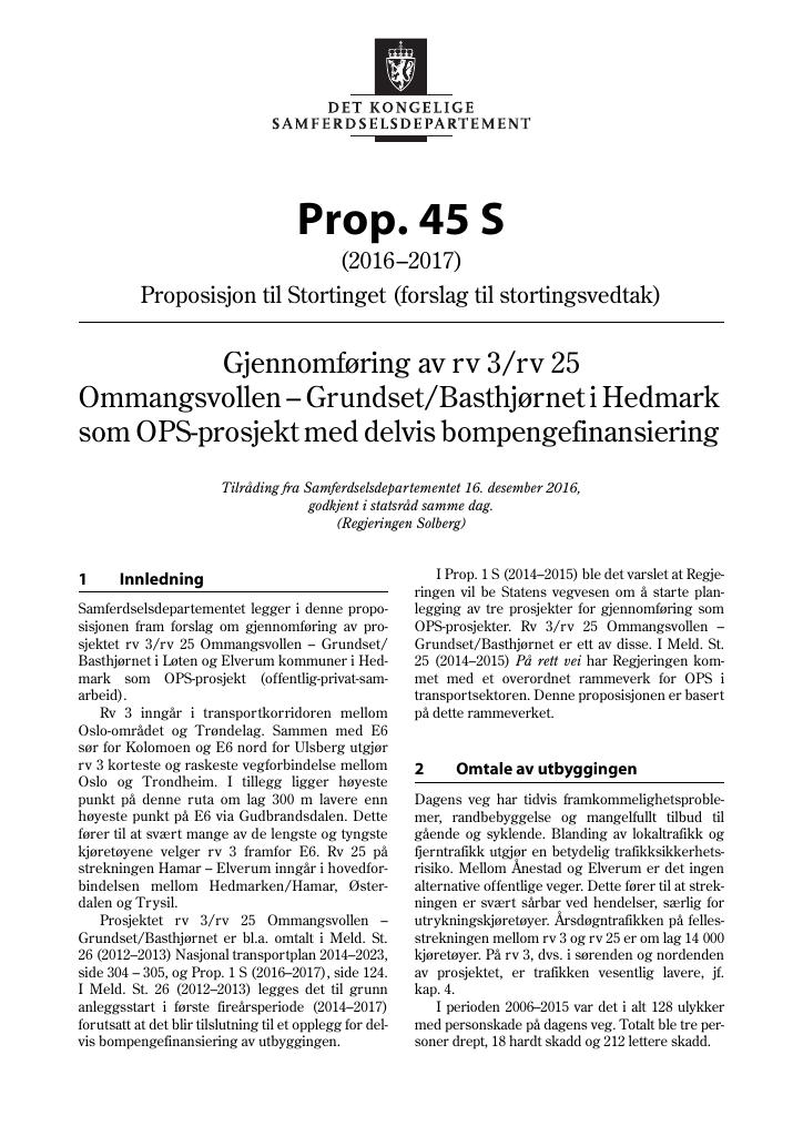 Forsiden av dokumentet Prop. 45 S (2016–2017)