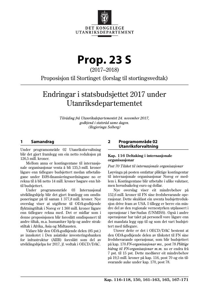 Forsiden av dokumentet Prop. 23 S (2017–2018)