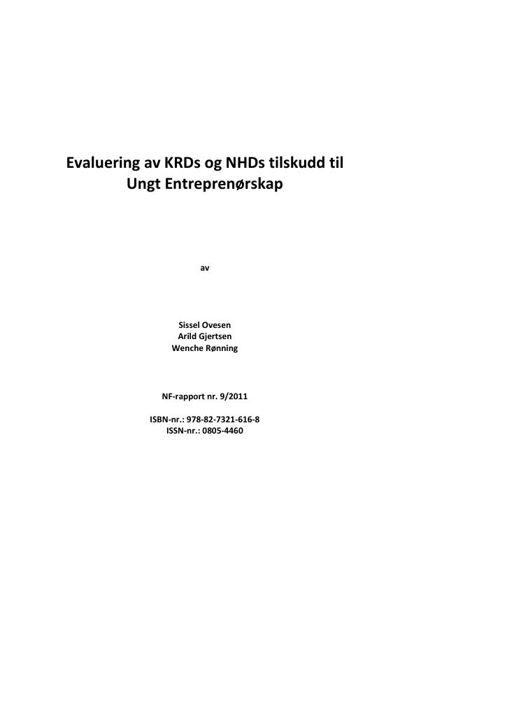 Forsiden av dokumentet Evaluering av KRDs og NHDs tilskudd til Ungt Entreprenørskap