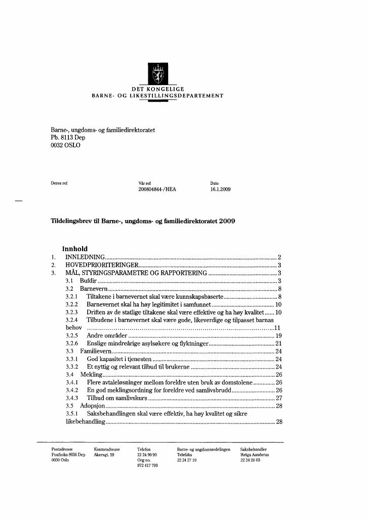 Forsiden av dokumentet Tildelingsbrev 2009