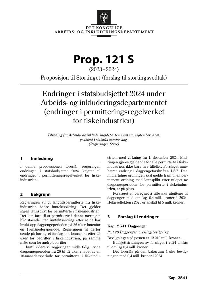 Forsiden av dokumentet Prop. 121 S (2023–2024)