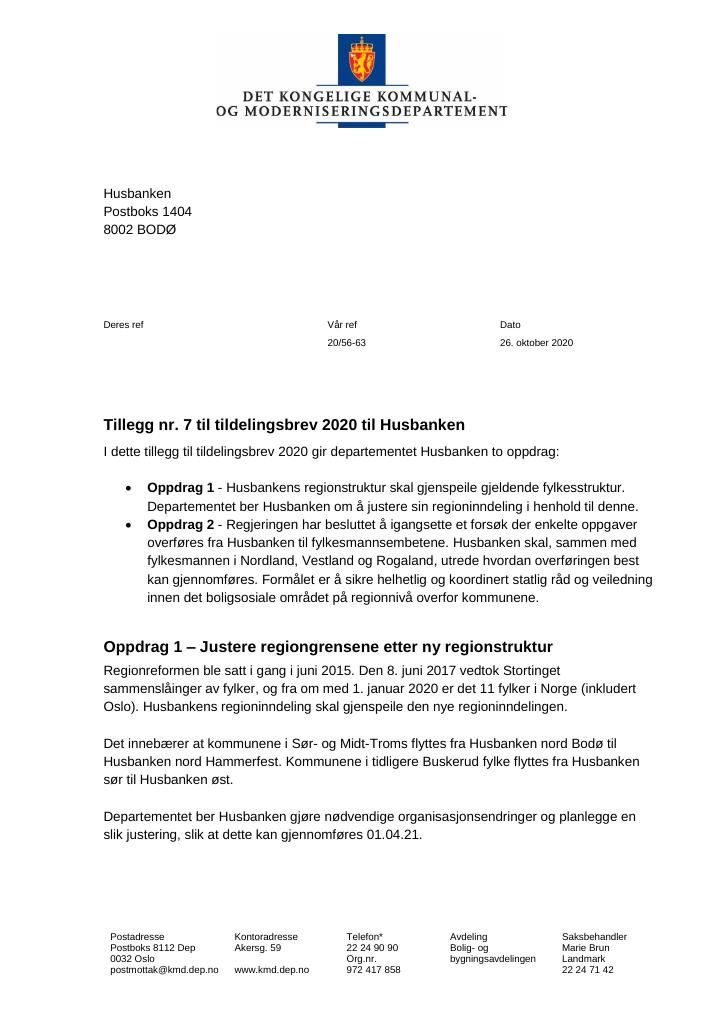 Forsiden av dokumentet Tildelingsbrev Husbanken 2020 -  tillegg nr. 7