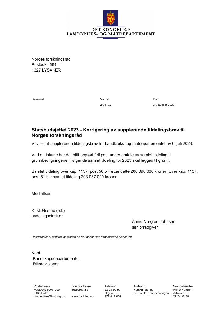 Forsiden av dokumentet Tildelingsbrev Norges forskningsråd 2023 - tillegg