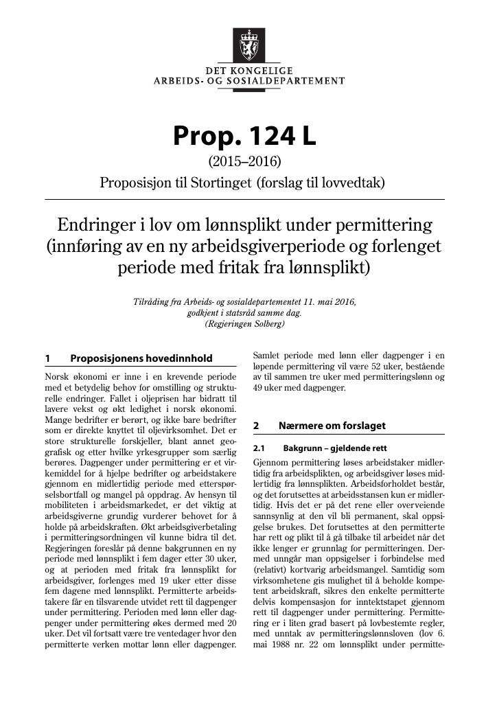 Forsiden av dokumentet Prop. 124 L (2015–2016)