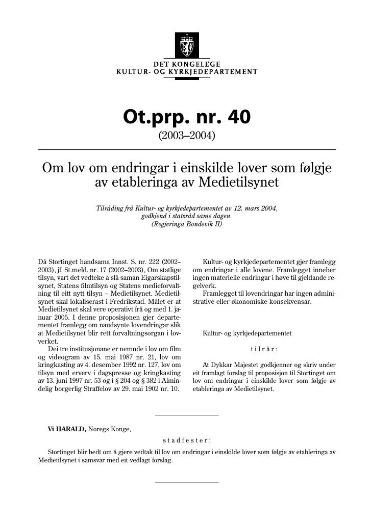 Forsiden av dokumentet Ot.prp. nr. 40 (2003-2004)