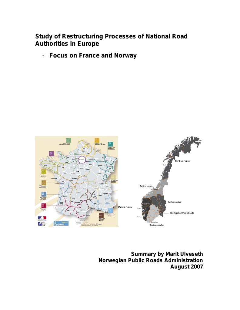 Forsiden av dokumentet Study of restructuring processes of national road authorities in Europe - Focus on France and Norway