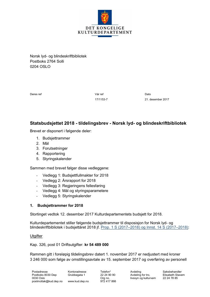 Forsiden av dokumentet Tildelingsbrev Norsk lyd- og blindeskriftbibliotek 2018