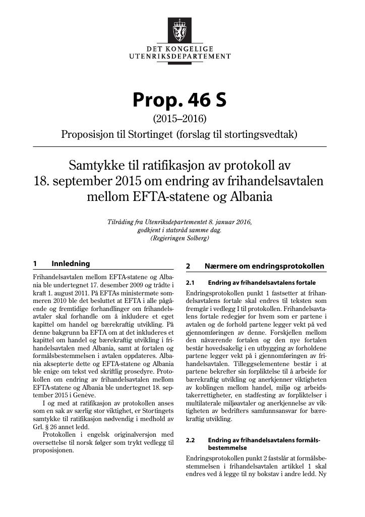 Forsiden av dokumentet Prop. 46 S (2015–2016)